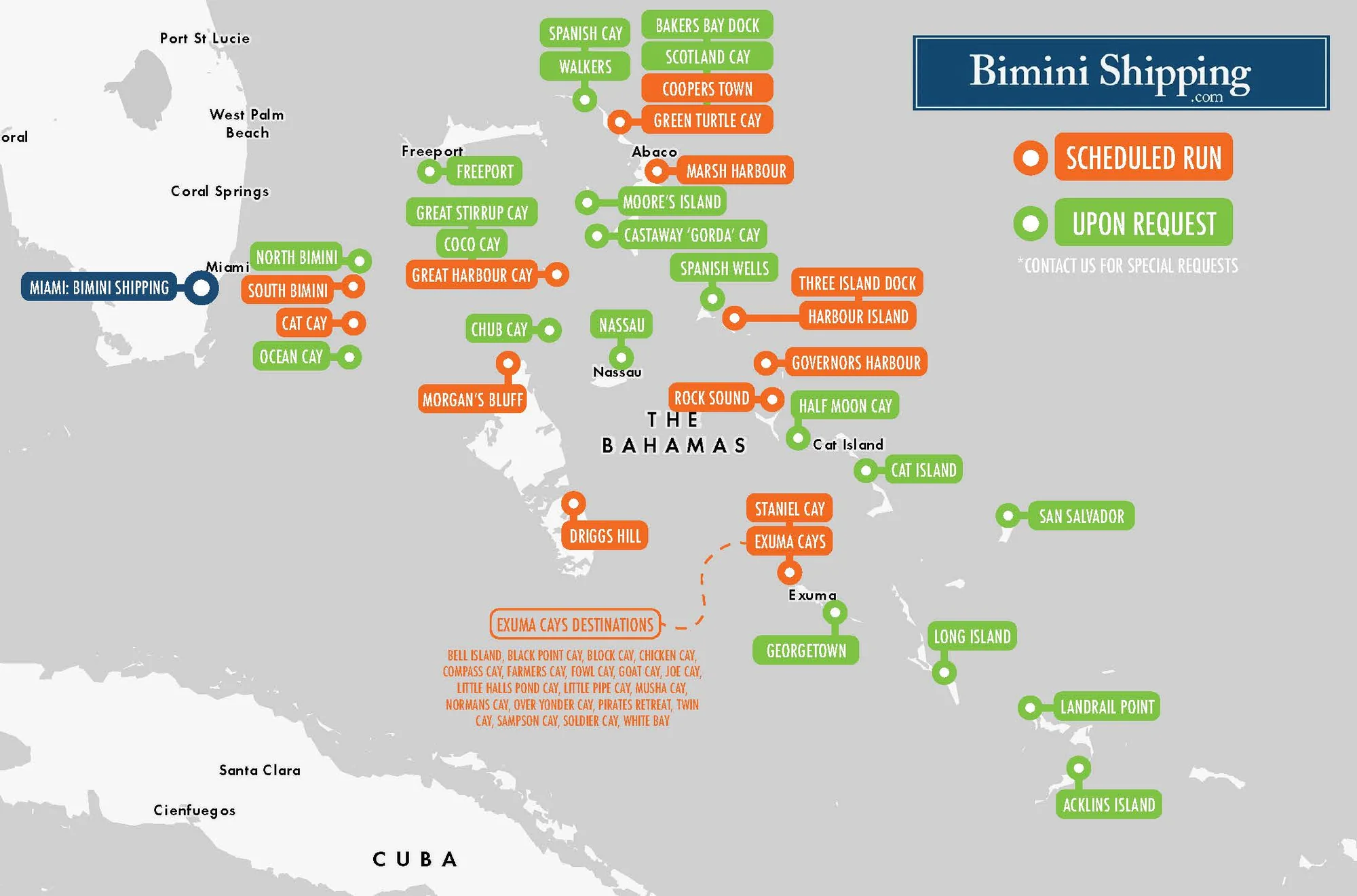 Bimini Shipping's port map: scheduled runs and ports served on request across the Bahamas
